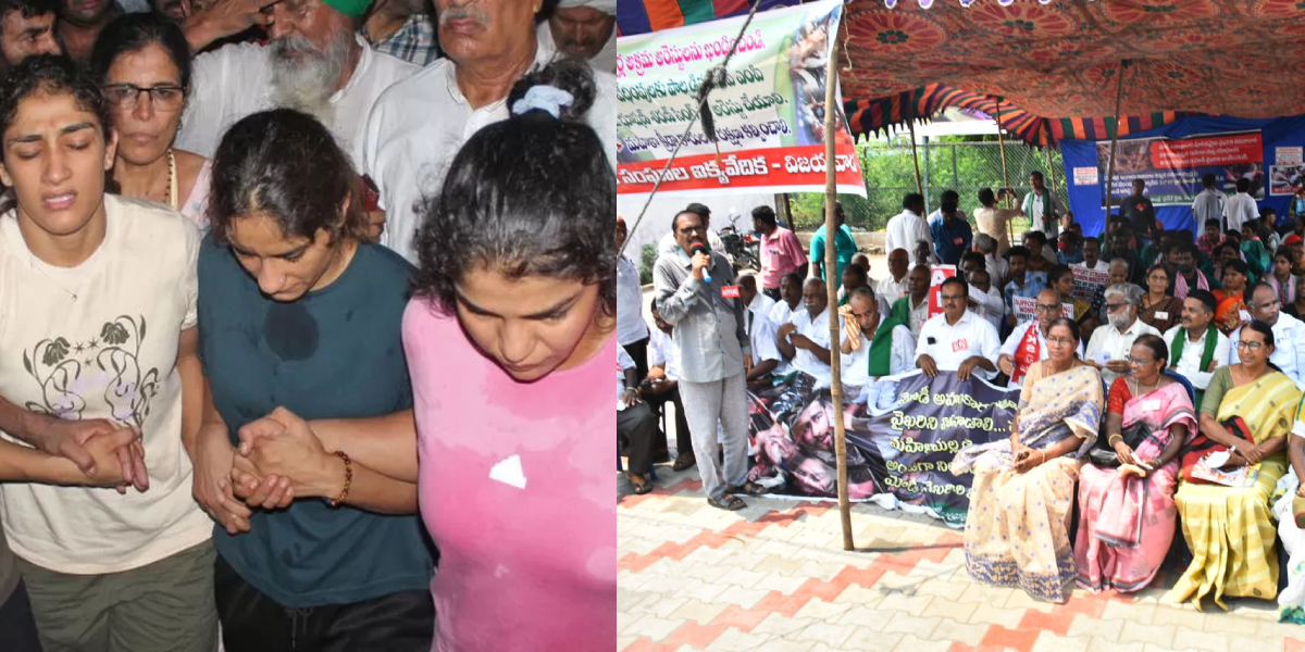 Revoke charges against wrestlers, arrest Brij Bhushan as Andhra Pradesh activists shows support with wrestlers Revoke charges against wrestlers, arrest Brij Bhushan as Andhra Pradesh activists shows support with wrestlers