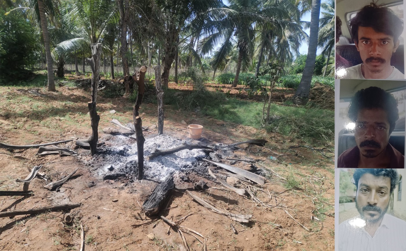WhatsApp Image 2023-06-20 at 7.11.35 PM (1) The spot in an open field where Nethravathi was cremated without police knowledge. Accused (from top) Shivaraju, Parashuram, & Tukaram