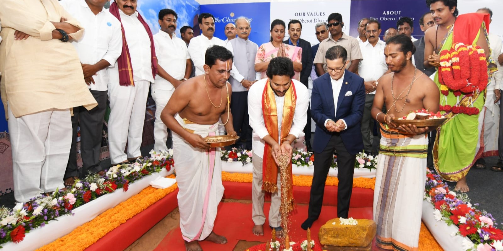 Jagan performs pooja for hotel Andhra Pradesh Chief Minister YS Jagan Mohan Reddy and Oberoi Group MD Vikram Oberoi take part in the foundation-stone-laying ceremony of a seven-star hotel in the YSR district of Andhra Pradesh on Sunday, 9 July, 2023.
