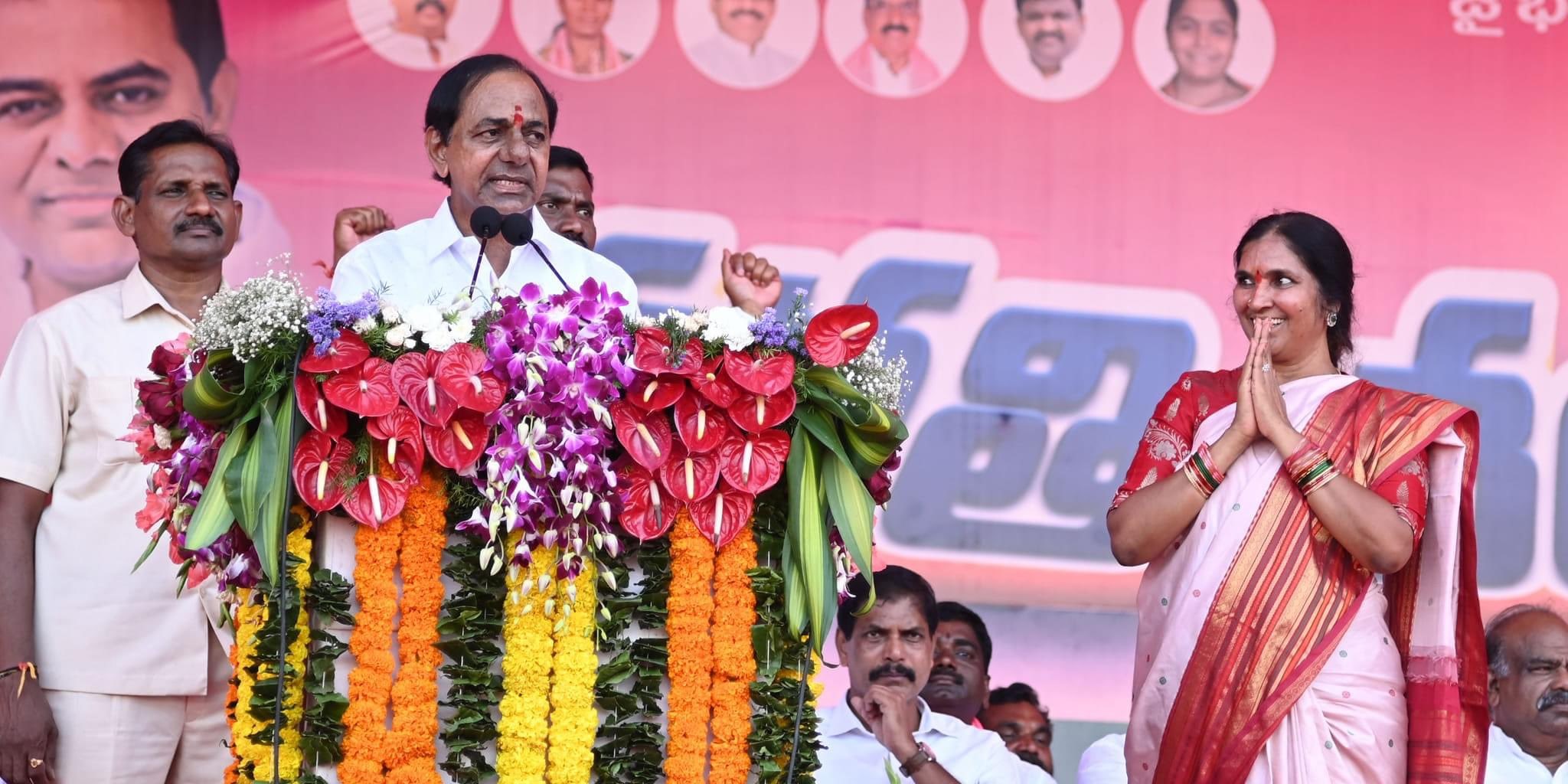 Telangana Chief Minister K Chandrashekar Rao addresses a public meeting in the MEdak district on Wednesday, 23 August, 2023.