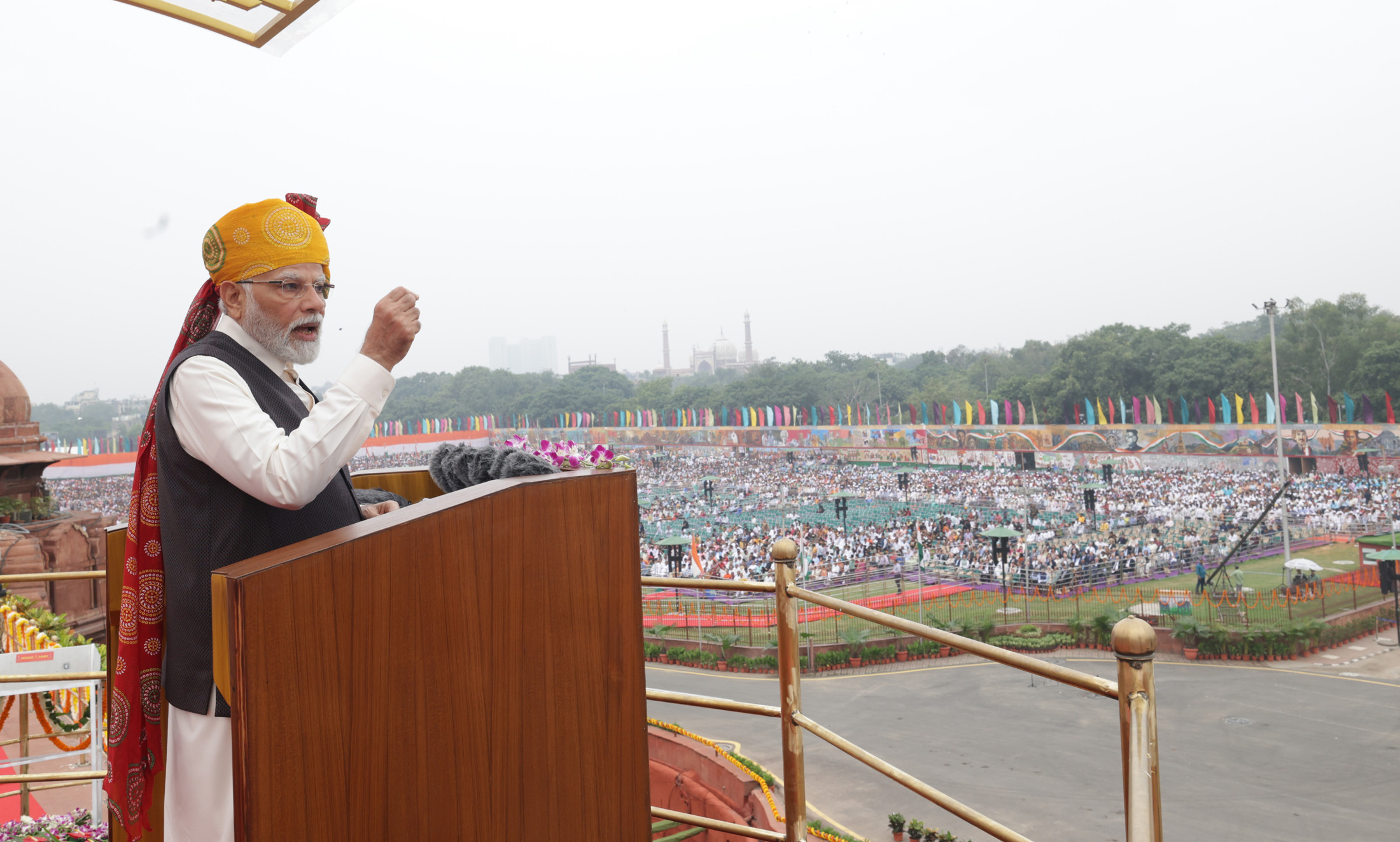 PMSpeech PM Narendra Modi addressing the nation on the occasion of 77th Independence Day from the ramparts of Red Fort, in New Delhi. (PIB)