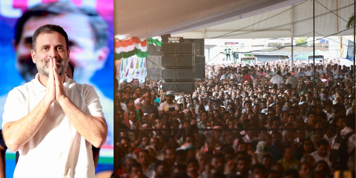 Rahul Gandhi greeting the crowd in Wayanad; the crowd gathered for his meeting. (Twitter) Rahul Gandhi Wayanad