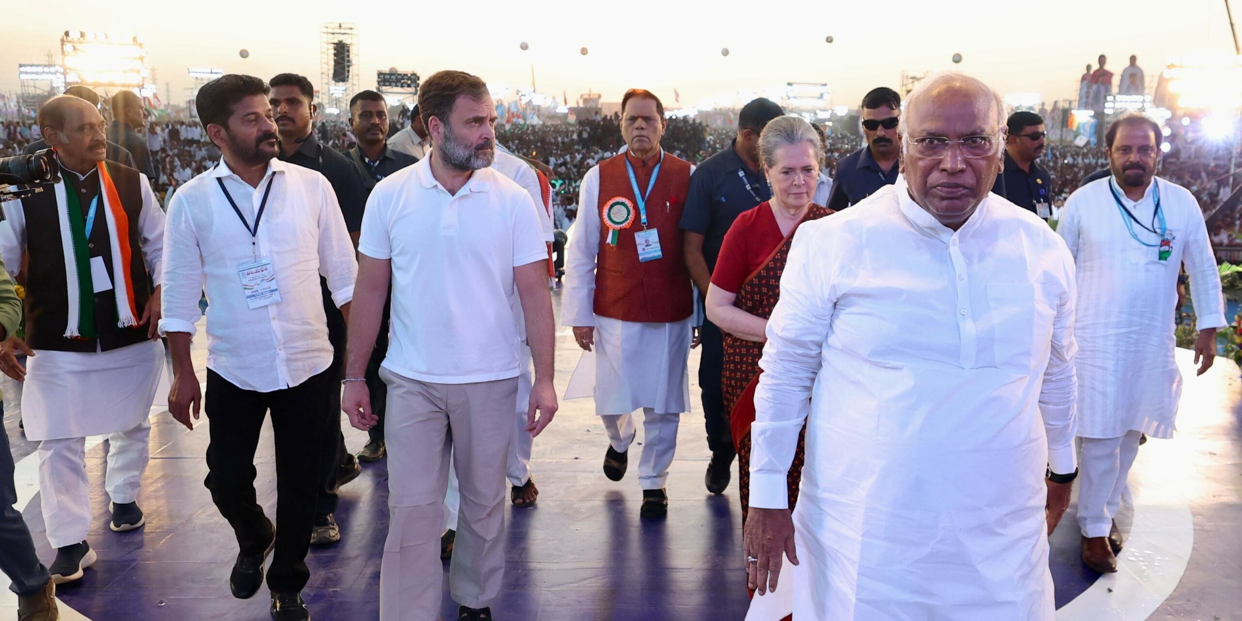 Congress CWC rally National-level Congress leaders at a mega rally on the outskirts of Hyderabad on Sunday, 17 September, 2023.