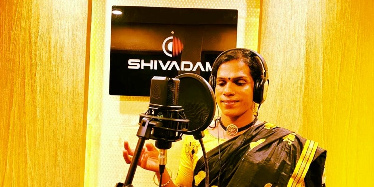 RLV Charulatha recording for her debut song as a playback singer RLV Charulatha recording for her debut song as a playback singer