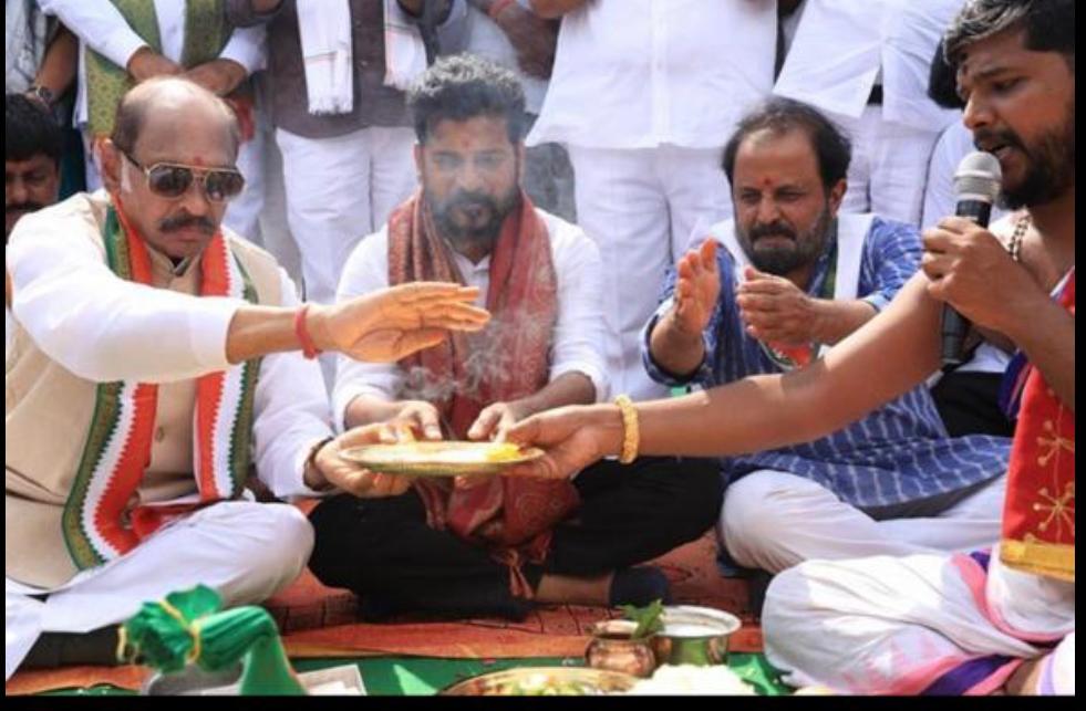 Telangana Congress chief Revanth Reddy at a bhoomi puja at the venue of the party’s proposed rally. Hyderabad September 17