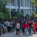 EFLU students protesting outside the administrative building