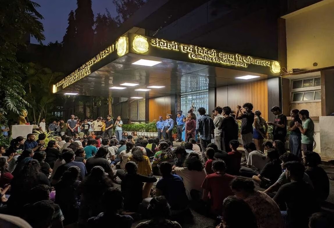 Students protest on the EFLU campus on Thursday, 19 October, 2023, following regarding the probe into the sexual assault incident.