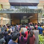 EFLU students protesting outside the administrative building
