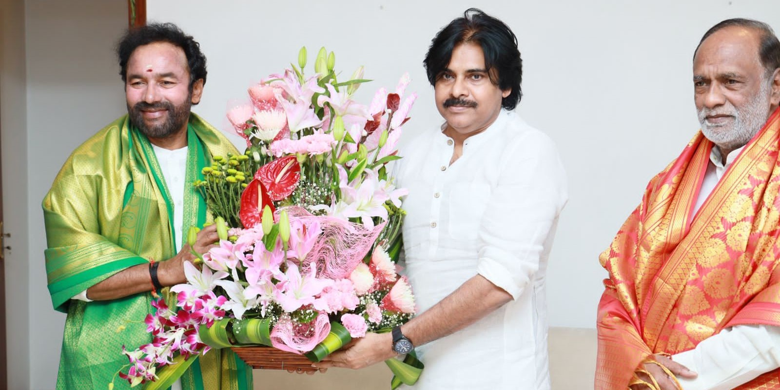 G Kishan Reddy, Pawan Kalyan, K Laxman. (Supplied) BJP Jana Sena Telangana