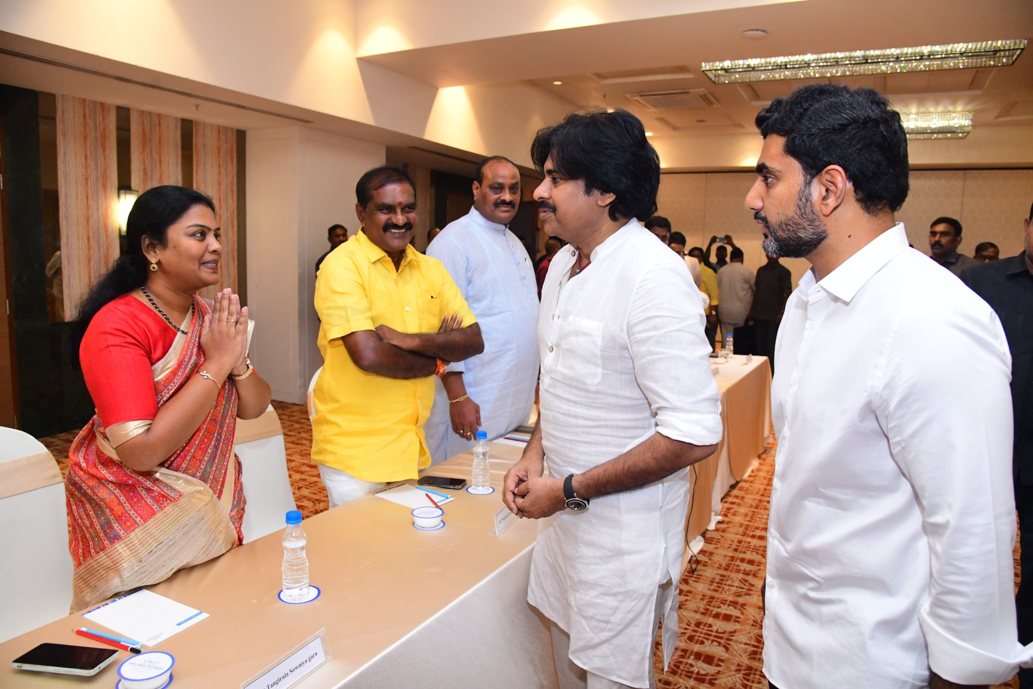 Jana Sena chief Pawan Kalyan and TDP scion Nara Lokesh ahead of the Joint Action Committee meeting. TDP Jana Sena JAC