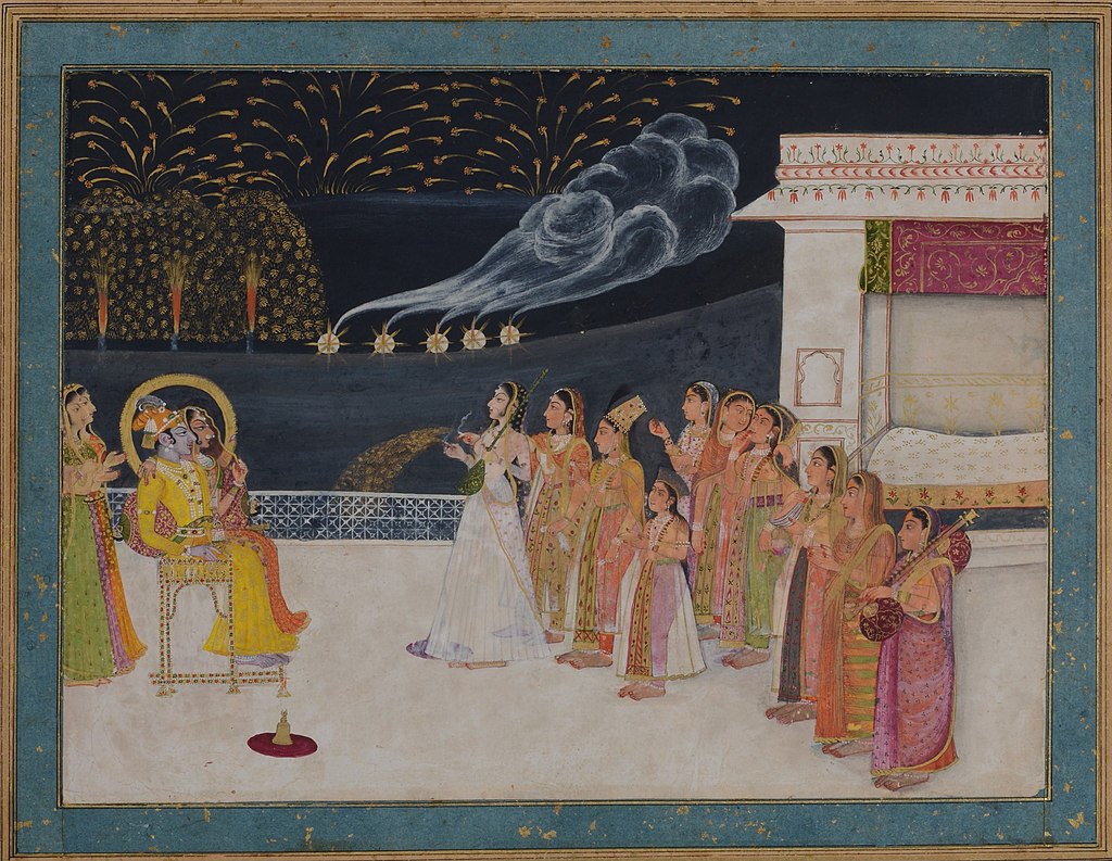 Radha_and_Krishna_watching_fireworks_in_the_night_sky Radha and Krishna watching fireworks in the night sky by Sitaram. A painting at the National Art Gallery, New Delhi. (Wikimedia Commons)