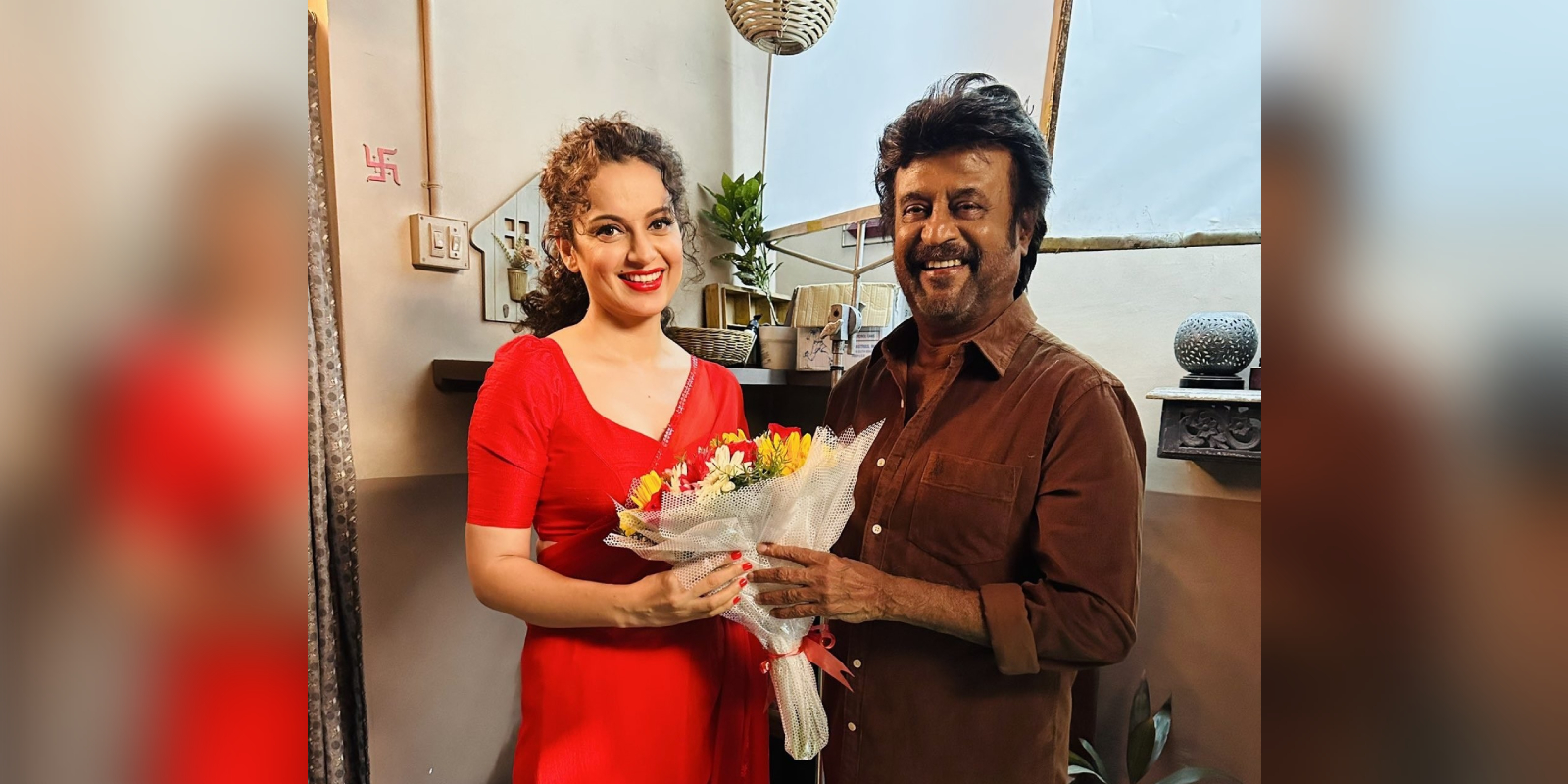 Rajinikanth with Kangana Ranaut on the sets of AL Vijay's film
