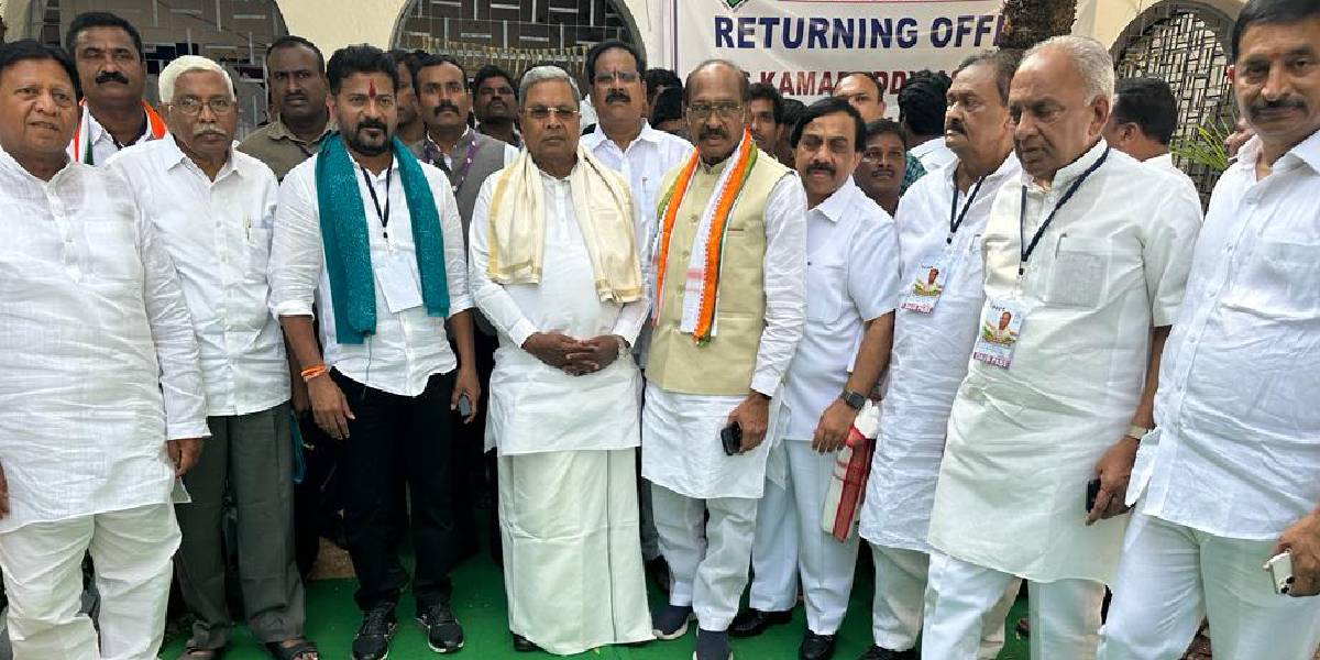 SidduRevanth Siddaramaiah with A Revanth Reddy and other Congress leaders at Kamareddy. (Supplied)