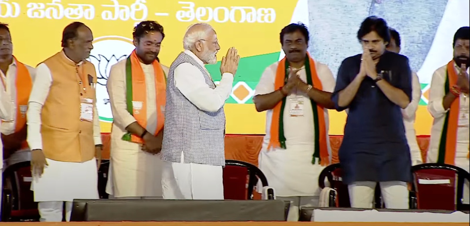 e965deff-d3ff-4f6c-9e41-52e23eeb1bd3 A screenshot from the live video of PM Modi with Telangana BJP leaders and Jana Sena chief Pawan Kalyan at OBC meeting i Hyderabad.