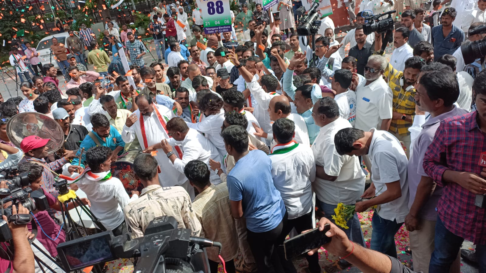 Celebrations have begun at the Congress headquarters Gandhi Bhavan in anticipation of victory. Telangana Assembly results