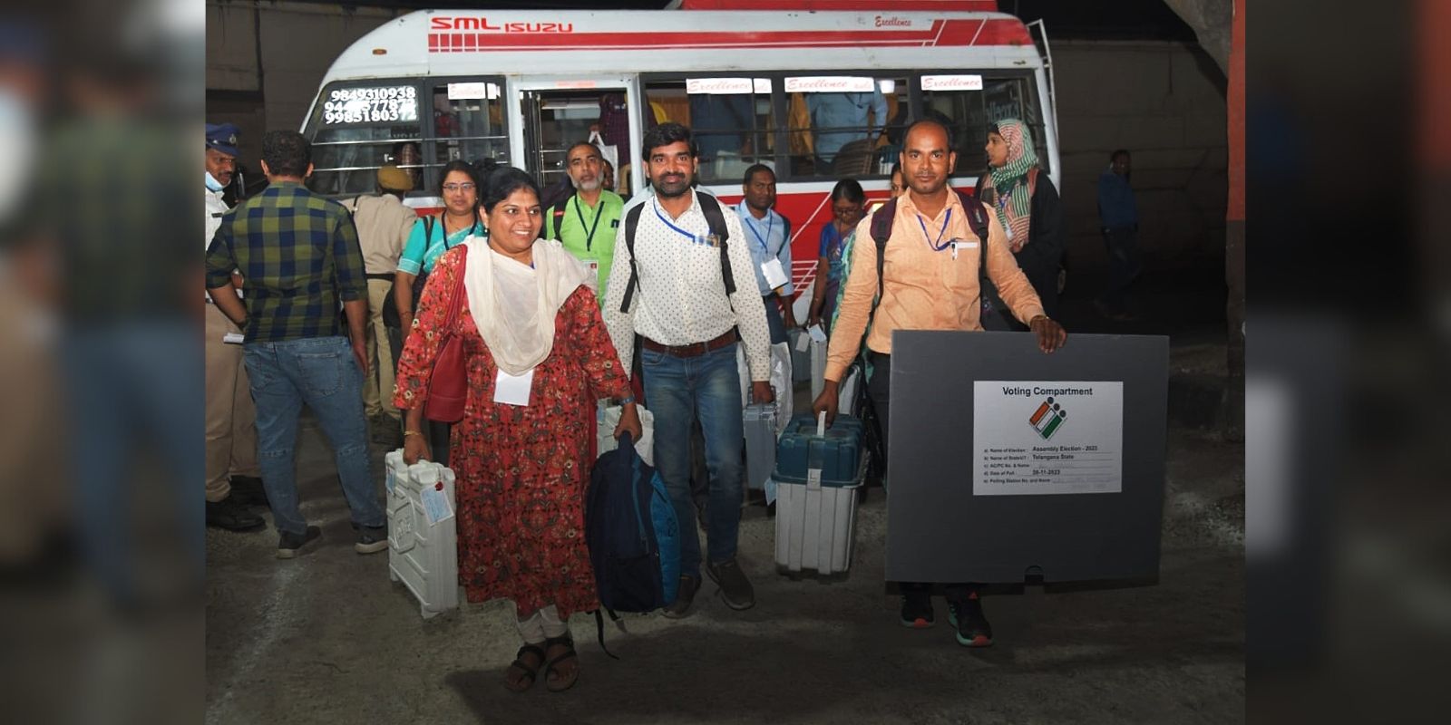 Telangana polling staff bring back EVMs to strong rooms at the end of the day on Thursday, 30 November.