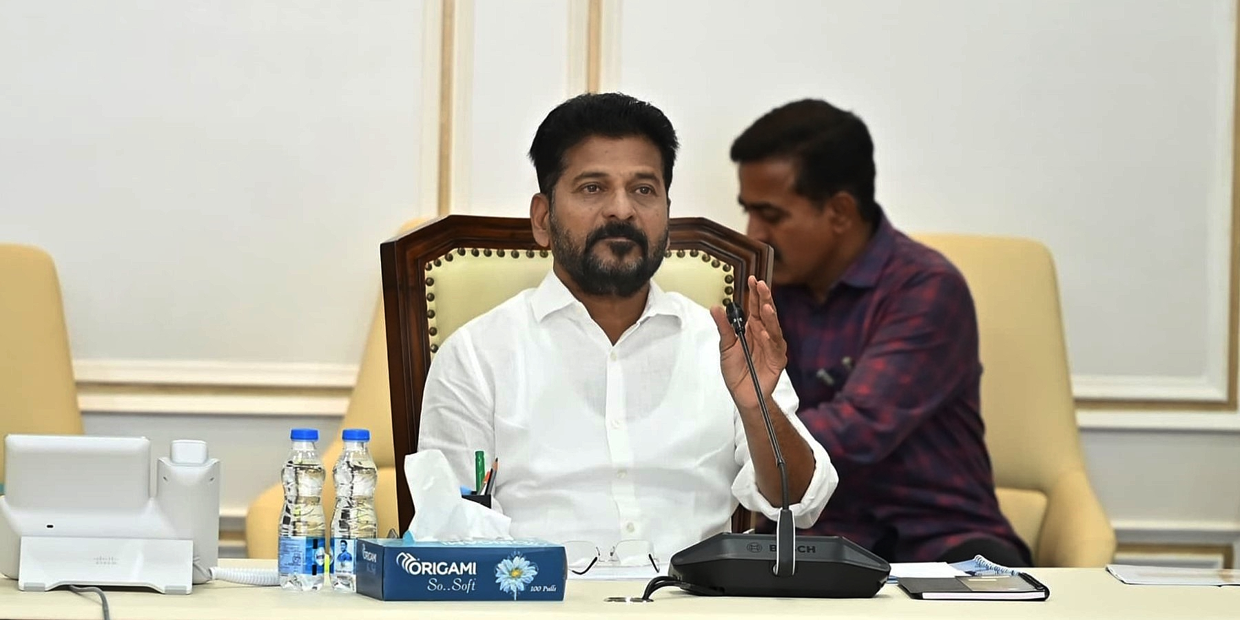 Revanth at review meeting Telangana Chief Minister A Revanth Reddy at a review meeting in Hyderabad on Tuesday, 12 December, 2023.