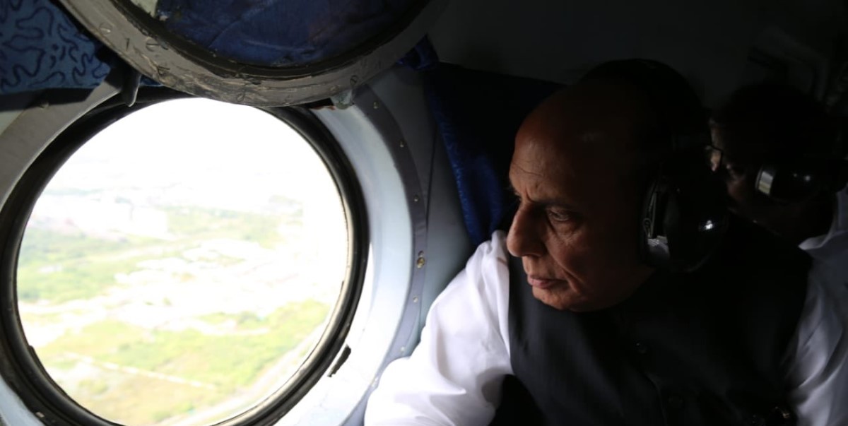 Union Minister Rajnath Singh conducting an aerial survey in Chennai