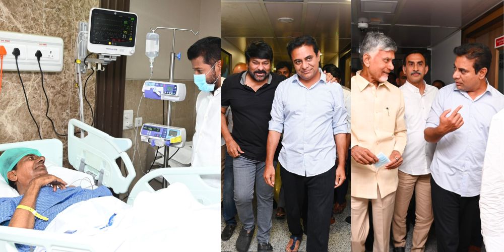 Telangana CM Revanth Reddy, Former CM Chandrababu Naidu and  Mega Star Chiranjeevi paid visit to KCR. Telangana CM Revanth Reddy, Former CM Chandrababu Naidu and Mega Star Chiranjeevi paid visit to KCR.