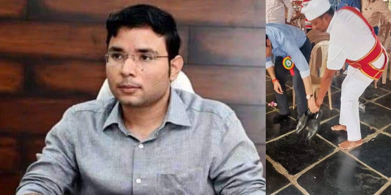 Jaishankar Bhupalpally Collector Bhavesh Mishra and the controversial photograph. (Supplied)