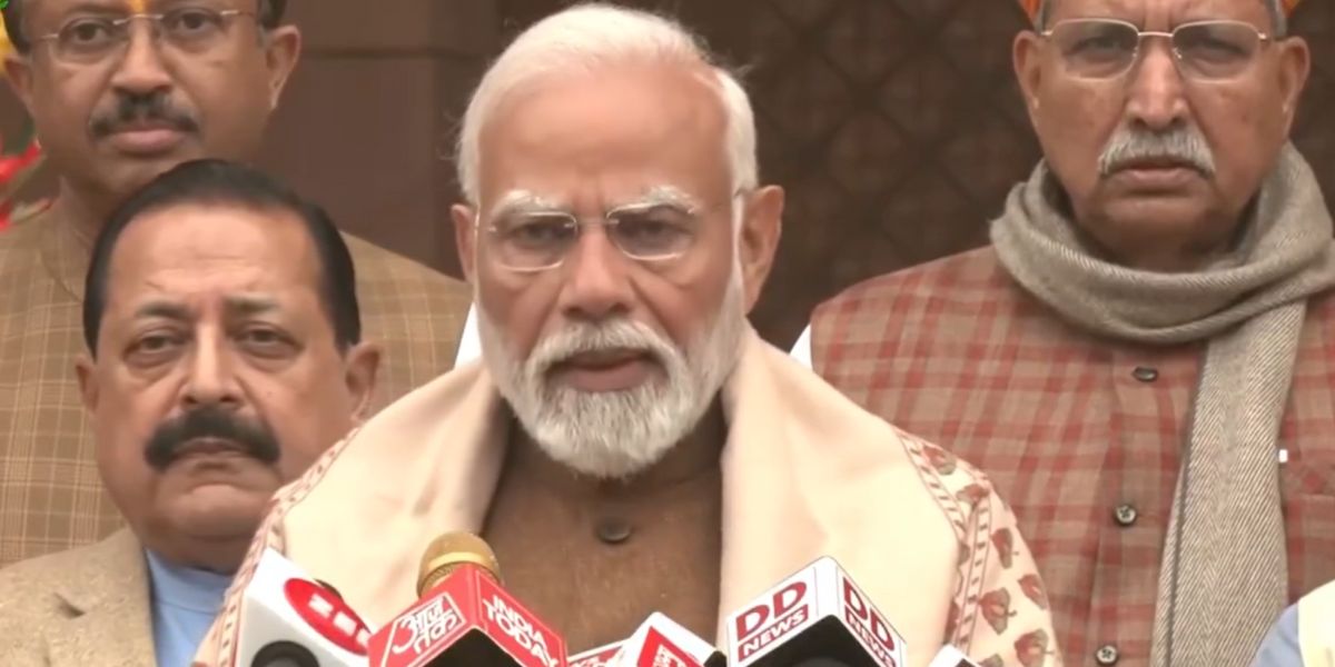 Modi speaking to reporters ahead of Parliament session. (Screengrab)