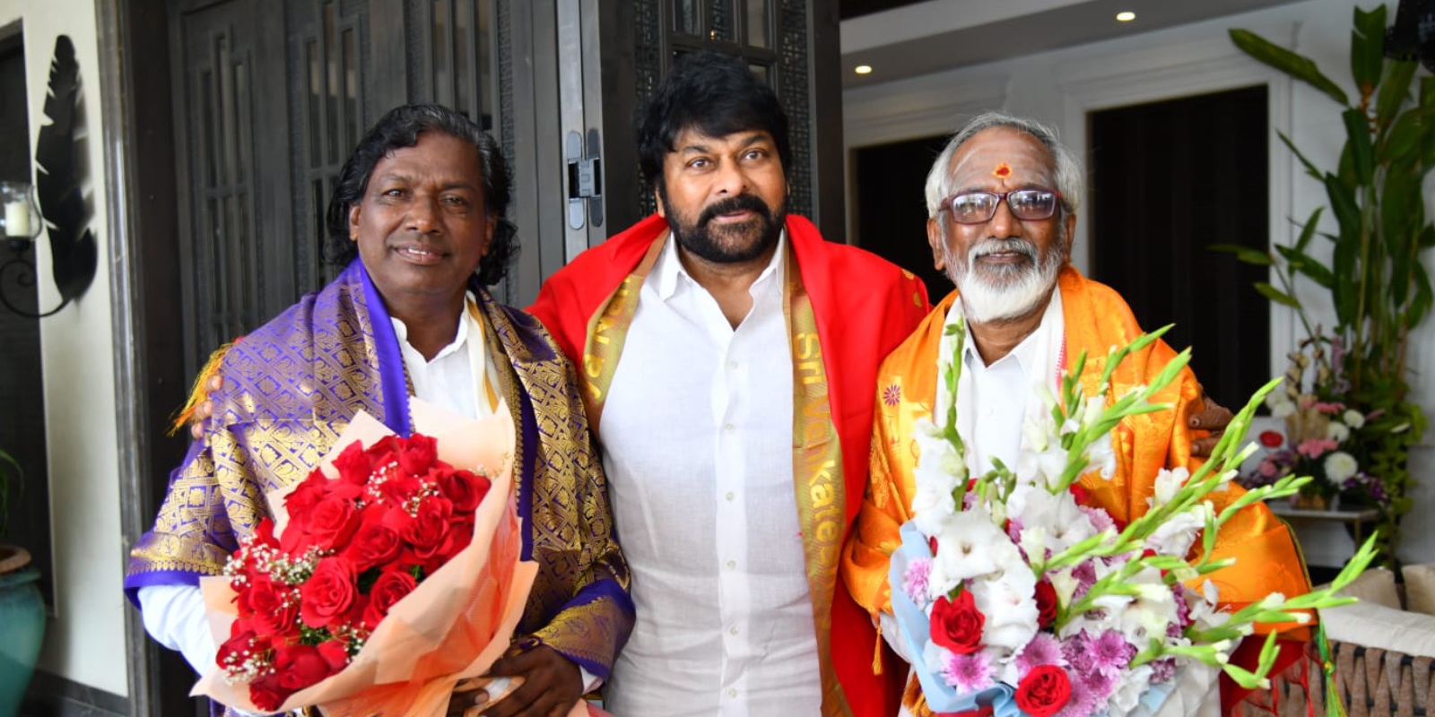 Padma Shri awardees Gaddam Sammaiah and Dr. Anandachari Velu with Chiranjeevi