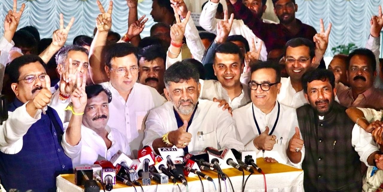 Karnataka_Congress Karnataka Congress leaders after the party emerged victorious in the Rajya Sabha elections in the state on Tuesday, 27 February, 2024.