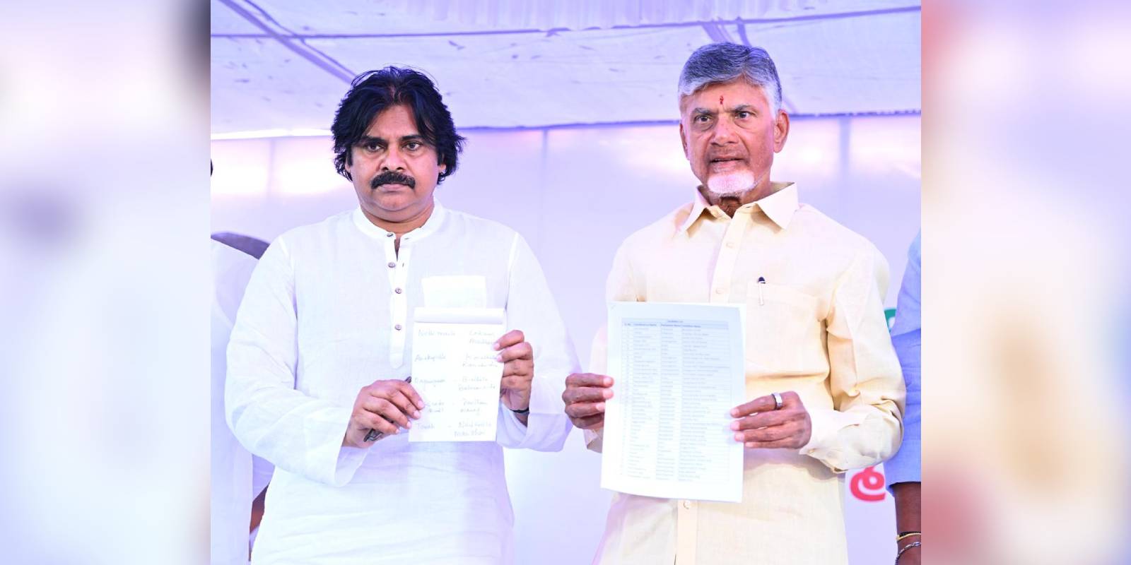 Chandrababu Naidu and Pawan Kalyan announce the first list of candidates for the Assembly polls. (Supplied) Chandrababu Naidu and Pawan Kalyan announce the first list of candidates for the Assembly polls