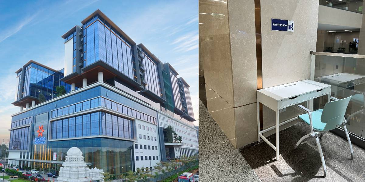 Yashoda Hospital dedicated work desk The hospital-work blend initiative includes designated workspaces equipped with essential amenities such as desks, chairs, power outlets, and high-speed internet access, Yashoda Hospital said. (X)