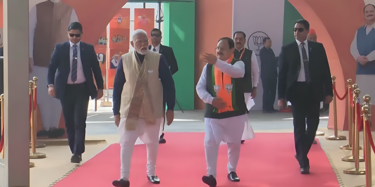 PM Modi with BJP national president JP Nadda at the national council meet