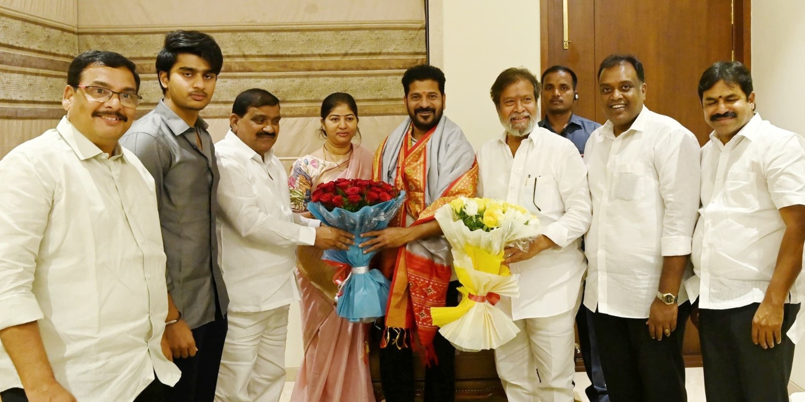 Patnam Mahender Reddy, his wife, and others meet Telangana Chief Minister A Revanth Reddy on Thursday, 8 February, 2024.