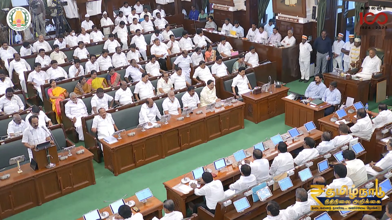Tamil Nadu FM presenting budget. (Supplied) Tamil Nadu Budget lays special emphasis on development of Tamil language and culture