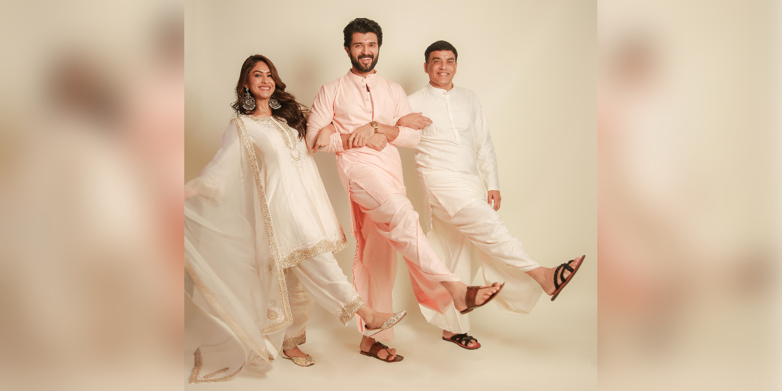 Mrunal Thakur, Vijay Deverakonda, and producer Dil Raju strike a pose Mrunal Thakur, Vijay Deverakonda, and producer Dil Raju strike a pose