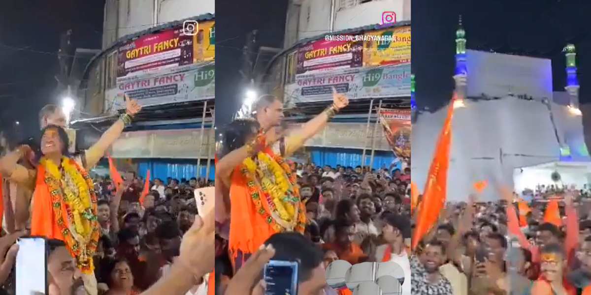 Madhavi Latha pointing an imaginary arrow towards mosque. (Screengrab)