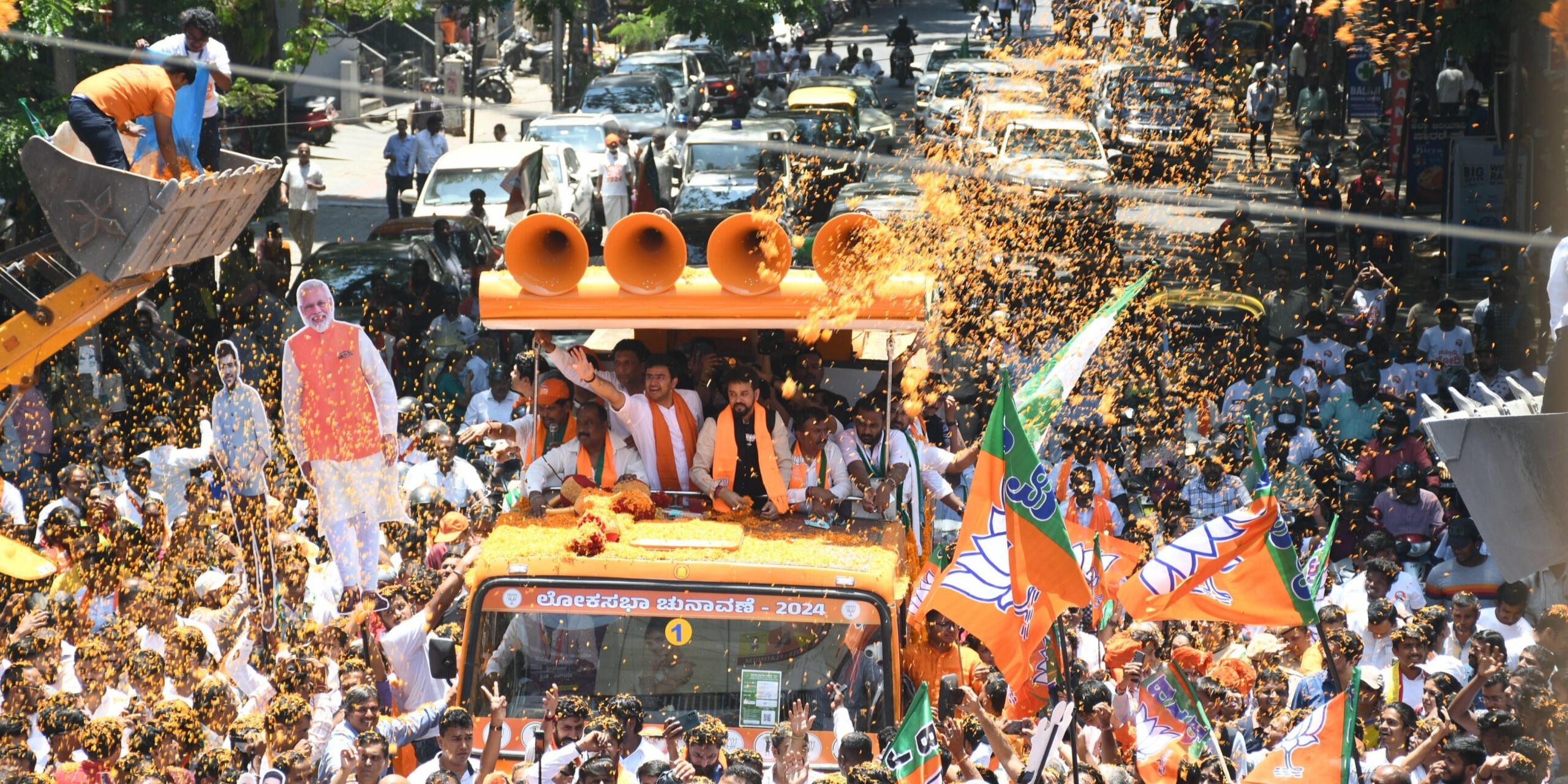 BJYM president and Bangalore South incumbent MP Tejasvi Surya filed nominations for the 2024 Lok Sabha polls on Thursday, 4 April, 2024.