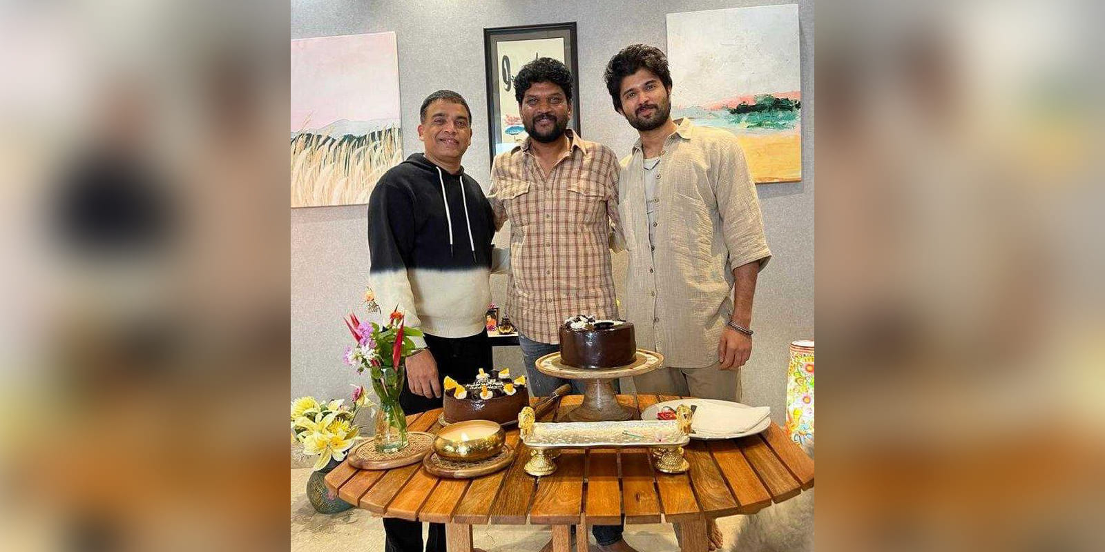 Dil Raju and Vijay Deverakonda with Parasuram Dil Raju and Vijay Deverakonda with Parasuram on The Family Star sets
