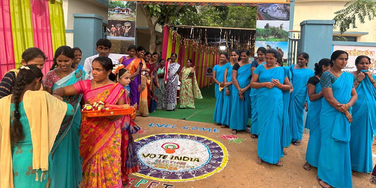 Polling officials prepare to welcome voters to a polling station at Kasipeta in Telangana. (CEOTelangana/X)