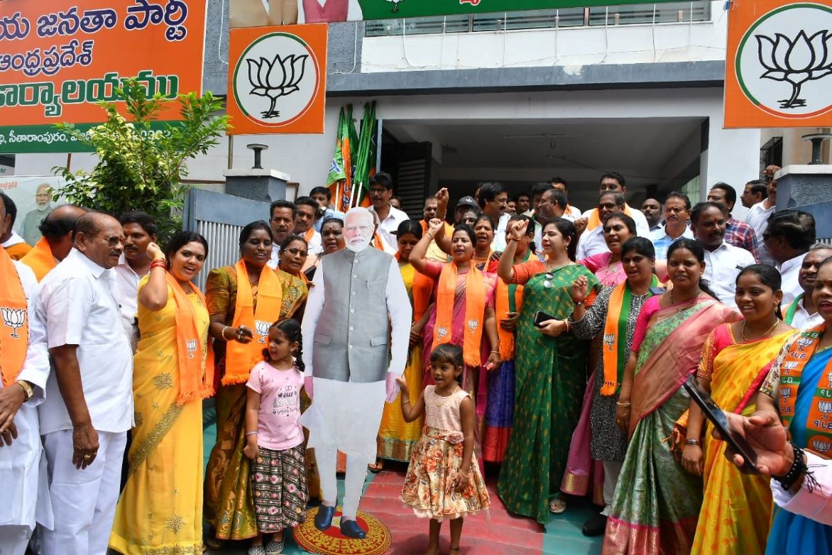 BJP supporters with Modi cut out in Andhra Pradesh