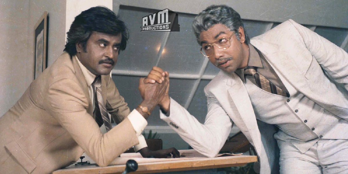 Rajinikanth and Sathyaraj in a still from Mr Bharath