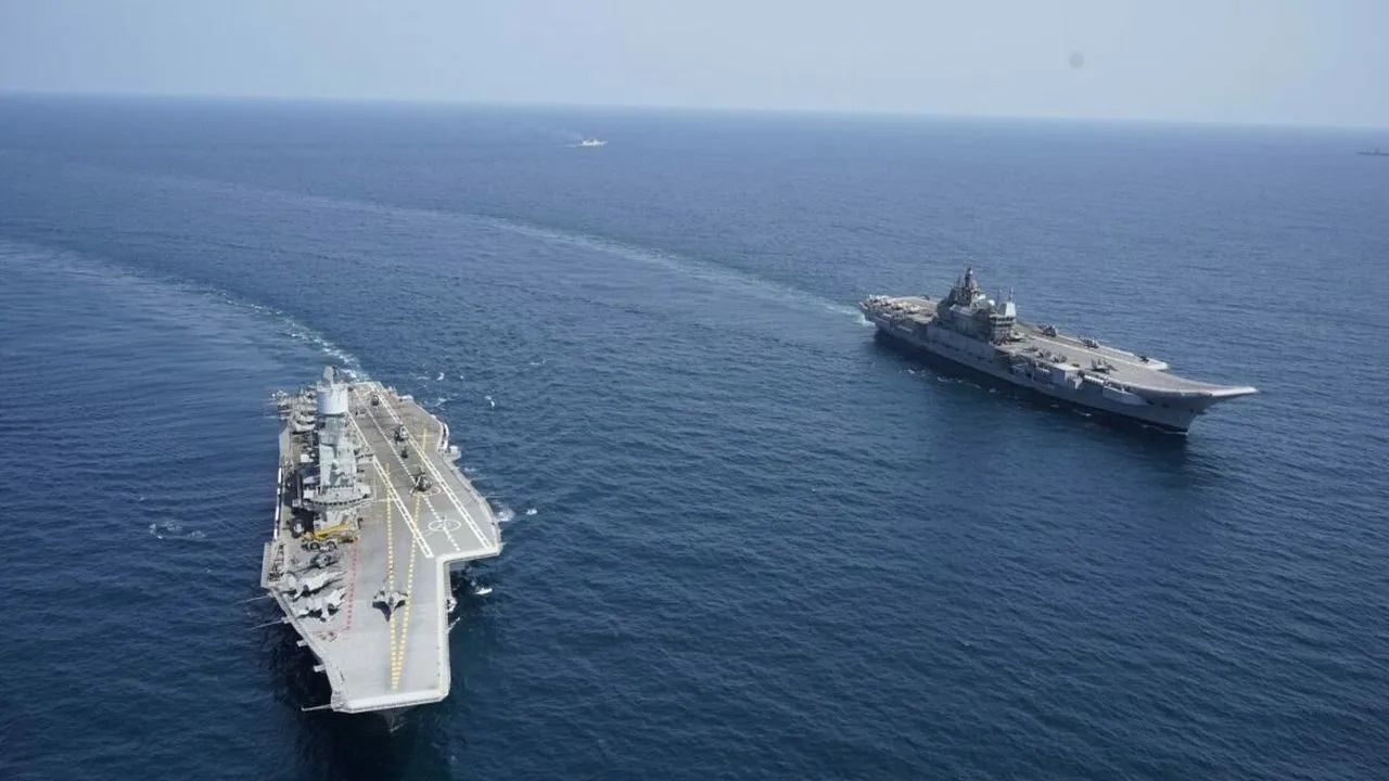 A modern defence force is indispensable for India’s security, foreign policy goals, and aspirations of becoming a global superpower by 2047. Pictured, aircraft carriers INS Vikramaditya and INS Vikrant. (Indian Navy/X)