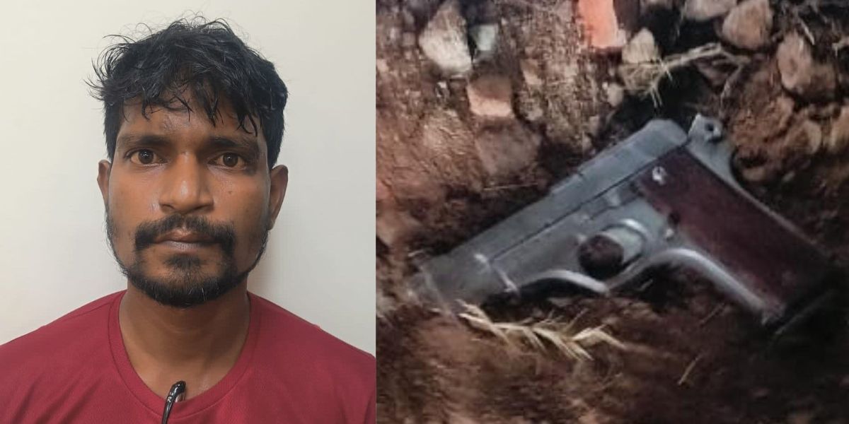 K Thiruvengadam and a country made pisol allegedly recovered by the police from the shooting site. (Supplied) K Thiruvengadam and a country made pisol allegedly recovered by the police from the shooting site. (Supplied)