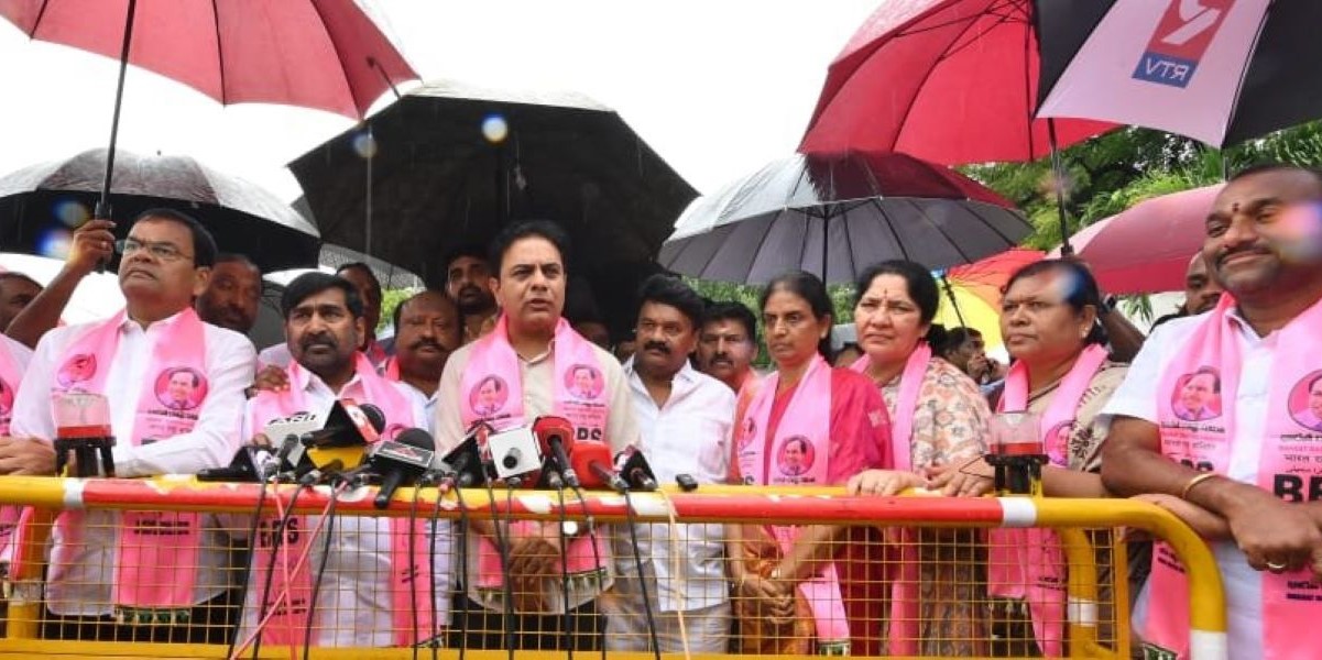 KTR addressing the media with BRS MLAs afer meeting the Governor