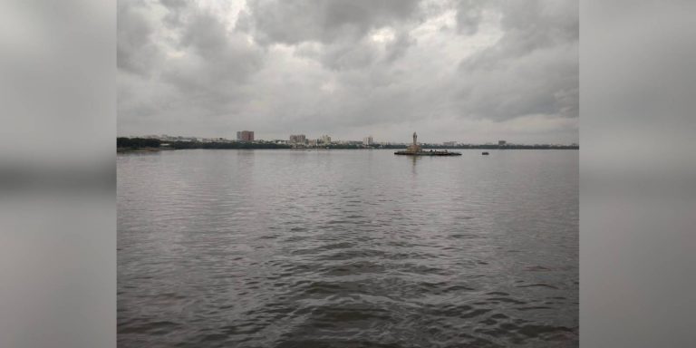 The Hussain Sagar lake filled with rain water