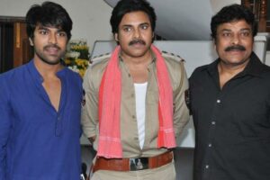 An old photo of Ram Charan, Pawan Kalyan and Chiranjeevi. (X)