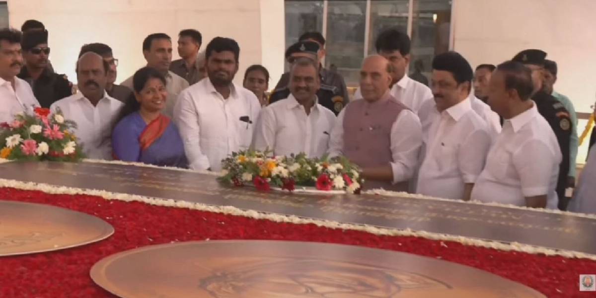 Karunanidhi-event Leaders paying tribute to M Karunanidhi at the late leader's memorial in Chennai on Sunday. (CMOTamil Ndu/X)