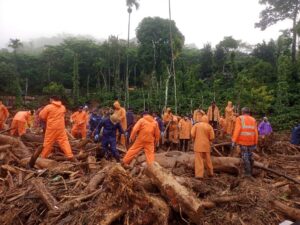 Rescuers searching the debris