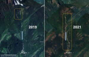 Satellite images showing previous landslide along the stream in 2020