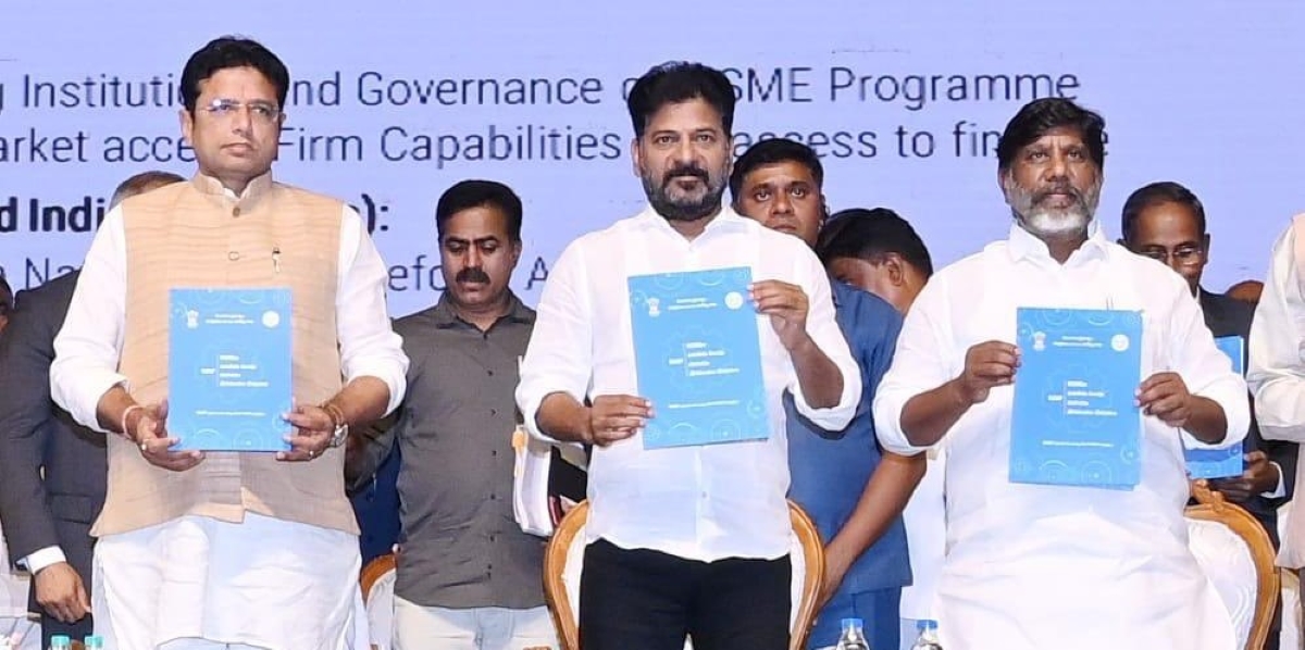 Telangana Chief Minister Revanth Reddy, Deputy CM Mallu Bhatti Vikramarka and Industrial Minister D Sridhar Babu unveiling the MSME policy. (X)
