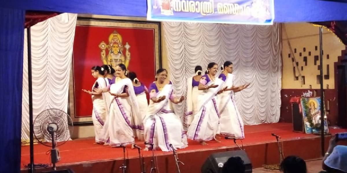 Kaikottikali Sree Durga Kaikottikali Sangam performing at the Durga Temple in Ollur, Thrissur.