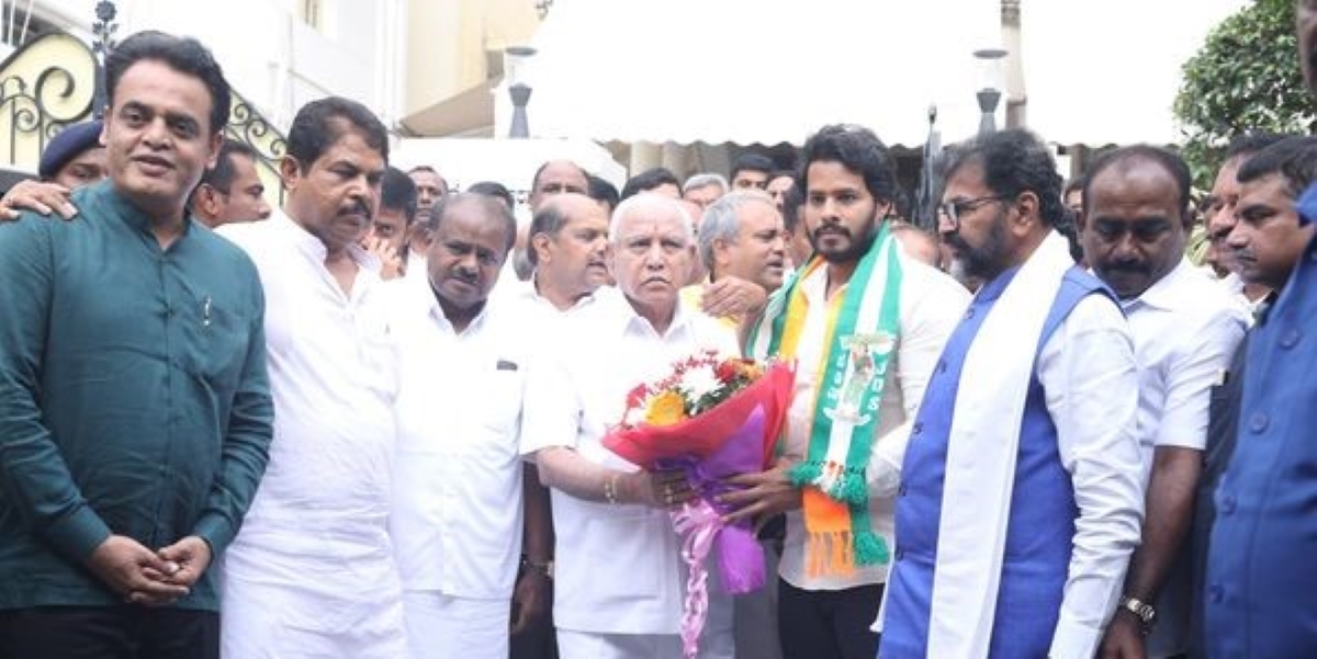 Nikhil Kumaraswamy with BJP and JD(S) leaders. (Facebook) Nikhil Kumaraswamy with BJP and JD(S) leaders. (Facebook)